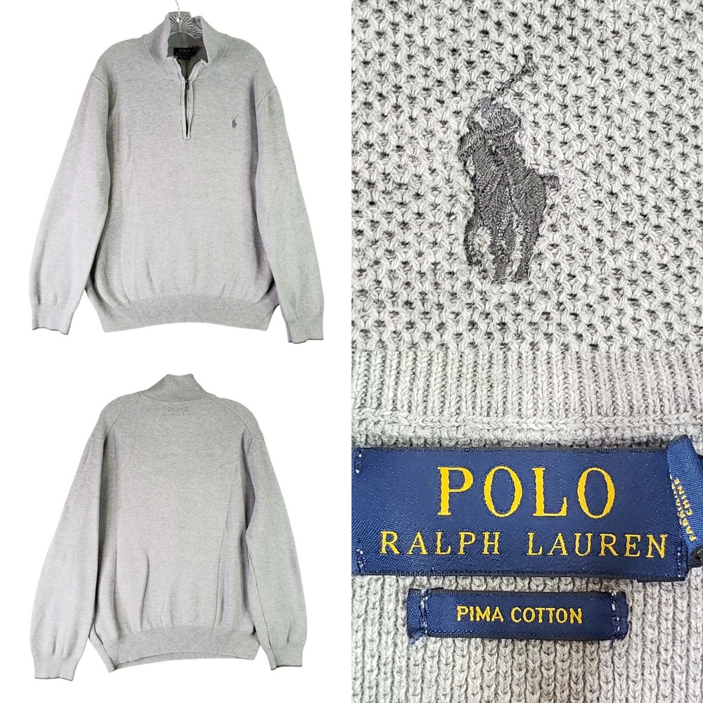 Polo Ralph Lauren Quarter Zip Sweater Mens XXL Grey Pima Cotton Preppy Pullover